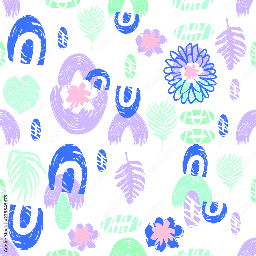 Trendy Fantasy Freehand Brush Strokes Composition,Illustration for Surface with Cute Unusual Flowers and Palm Leaves Trendy Fantasy Freehand Brush Strokes Composition,Illustration for Surface with Cute Unusual Flowers and Palm Leaves