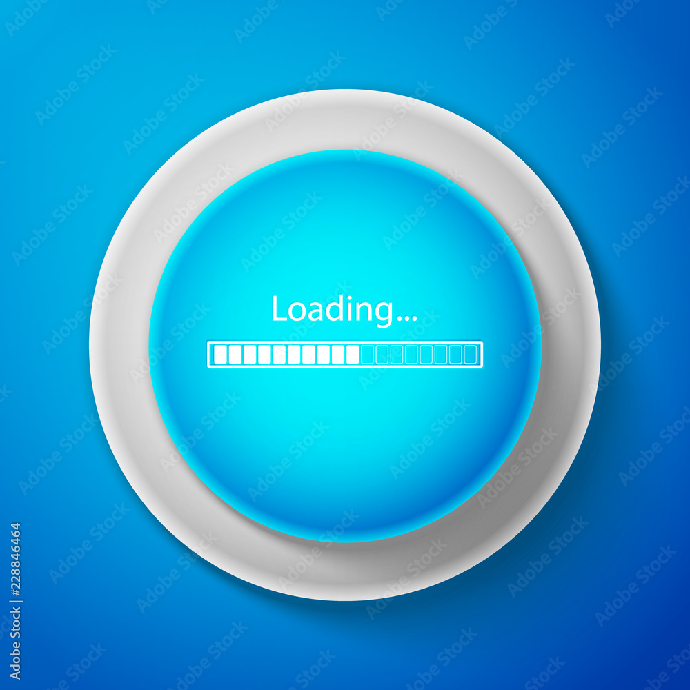 White Loading icon isolated on blue background. Progress bar icon. Circle blue button with white line. Vector Illustration White Loading icon isolated on blue background. Progress bar icon. Circle blue button with white line. Vector Illustration
