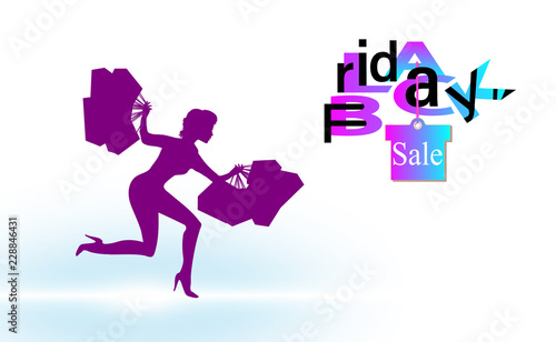 The girl with the packages runs with Black friday background sale for banner  background. Backdrop vector illustration. EPS 10
