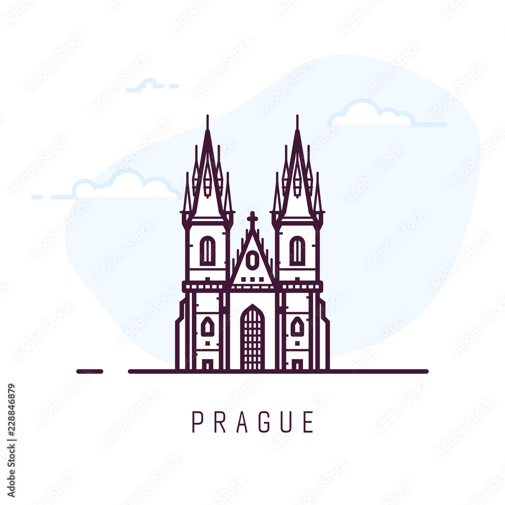 Prague city line style illustration. Old and famous Church of Our Lady before Tyn in Prague. Czech architecture city symbol of Czech Republic. Outline building vector illustration. Travel banner.
