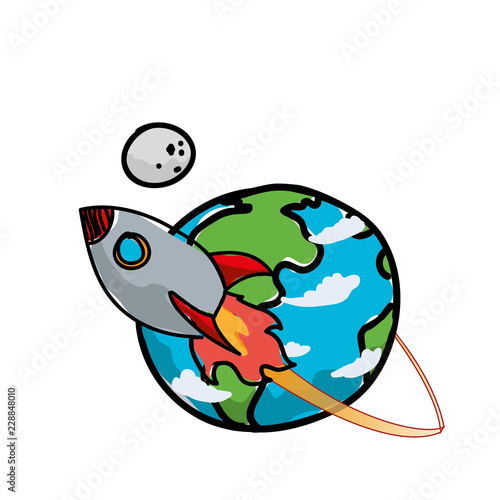 world planet earth with rocket and moon