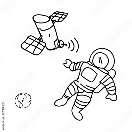 artificial satellite orbiting with astronaut and earth