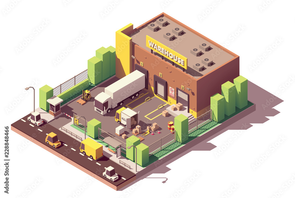 Vector isometric low poly warehouse building
