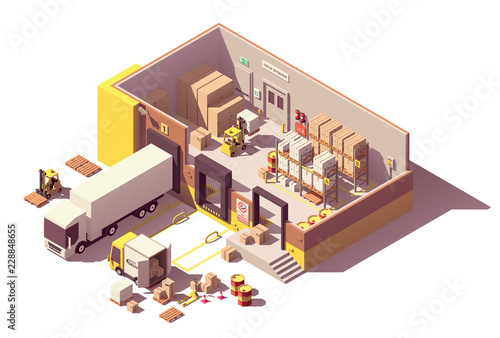 Vector isometric low poly warehouse cross-section