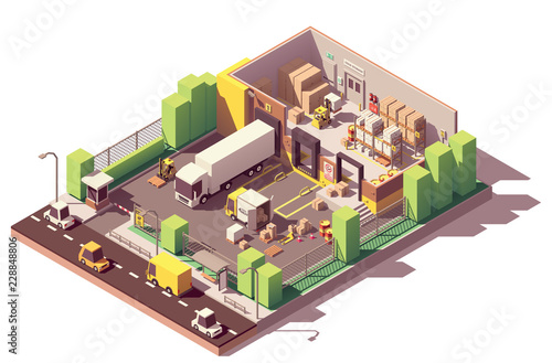 Vector isometric low poly warehouse cross-section