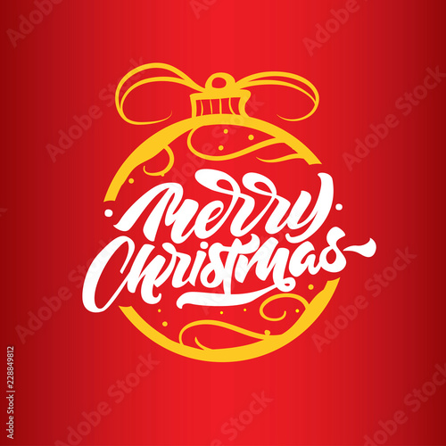 Merry Christmas lettering on toy on the Christmas tree. Happy New Year 2018.Christmas Typography. Merry Christmas vector logo  emblems  text design. Lettering for banners  greeting cards  gifts
