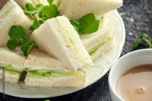 Cucumber sandwiches with soft cheese, sea salt and water cress for tea party