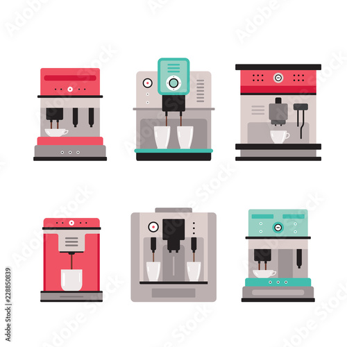 Colorful Coffee machine set isolated on white background Vector illustration
