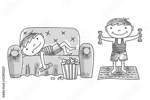 Lazy boy lying on couch with popcorn and tv remote. Active boy doing morning exercises with dumbells. Bad and good children habits, hand drawn vector illustration.