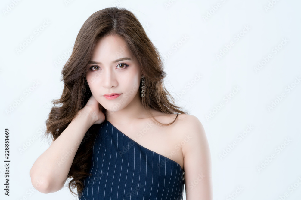 beautiful attractive elegance asian woman in blue dress hand touch face model pose on studio photo shoot isolate white background beautiful attractive elegance asian woman in blue dress hand touch face model pose on studio photo shoot isolate white background