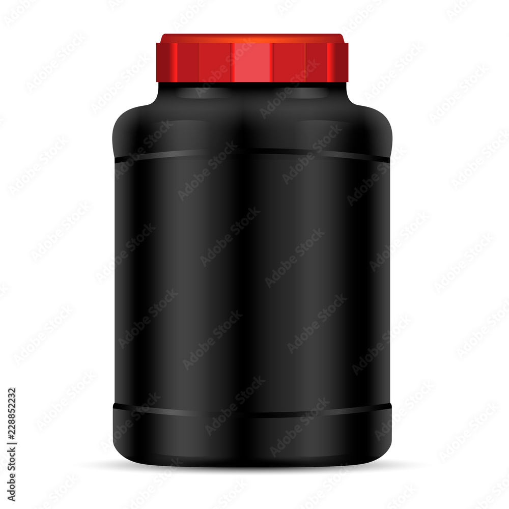 Black Protein powder container with red lid. Sport food bottles. Vector  mockup of protein sport nutrition jar illustration. Stock Vector