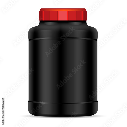 Black Protein powder container with red lid. Sport food bottles. Vector mockup of protein sport nutrition jar illustration.