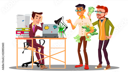 Businessman Loser With A Stack Of Documents Next To Laughing Colleagues With Money Vector. Isolated Illustration