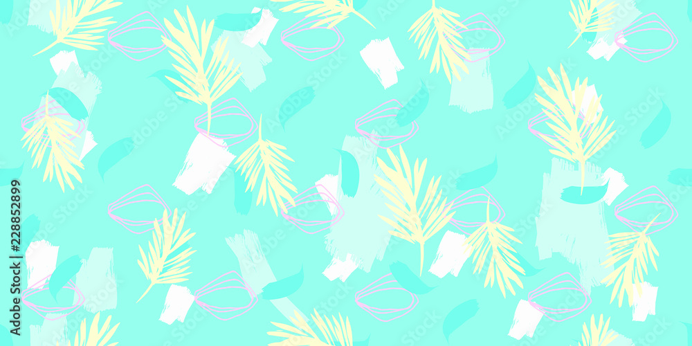 Trendy Fashion Seamless Pattern with Creative Leaves , Flowers and Hand Drawn Brush Strokes .Illustration for Surface , Invitation , Notebook, Banner , Wrap Paper ,Textiles Trendy Fashion Seamless Pattern with Creative Leaves , Flowers and Hand Drawn Brush Strokes .Illustration for Surface , Invitation , Notebook, Banner , Wrap Paper ,Textiles
