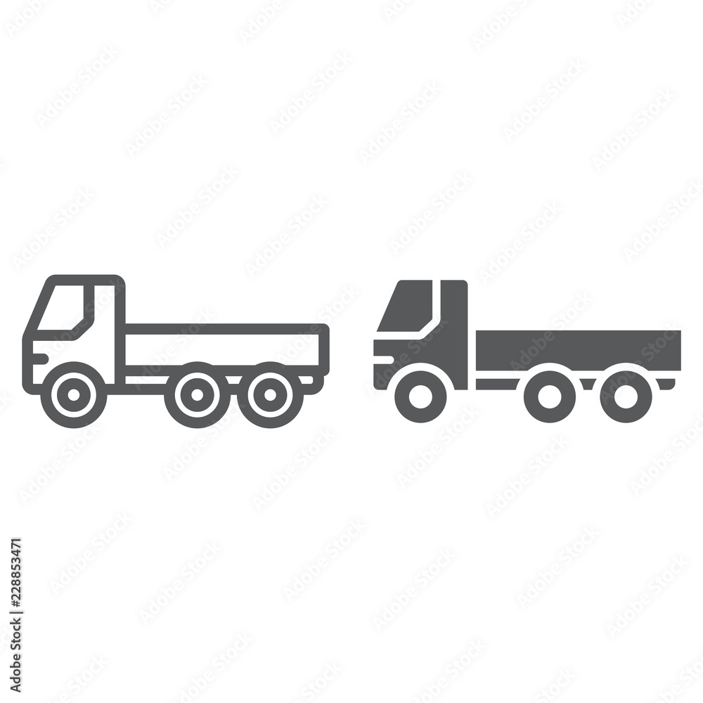 Flatbed truck line and glyph icon, automobile and cargo, car sign, vector graphics, a linear pattern on a white background.