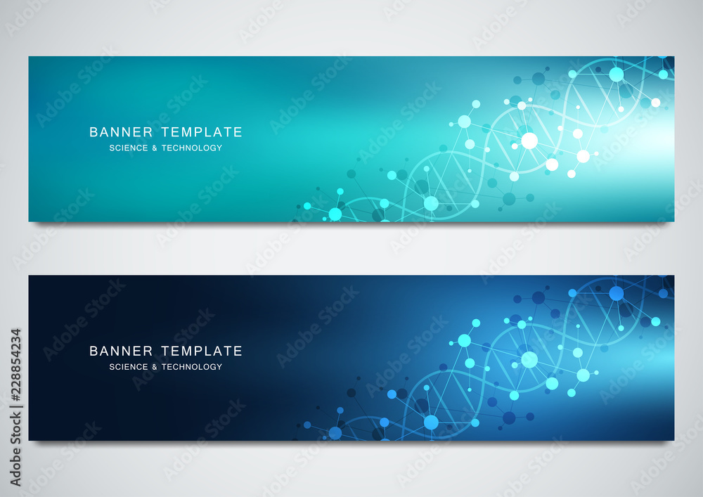 Scientific and technological vector banners. Abstract background with DNA helix and molecular structures.