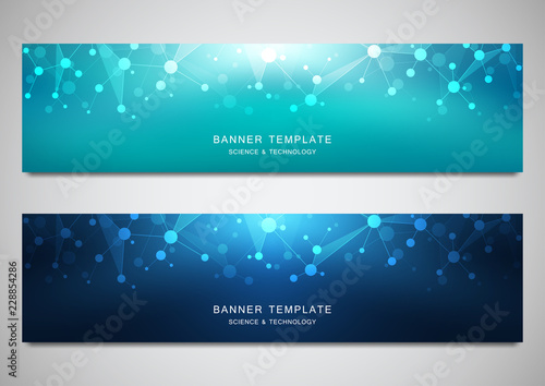 Scientific and technological vector banners. Abstract background with molecular structures.