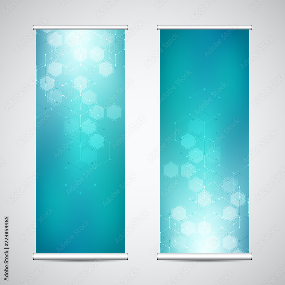 Abstract roll up banners for presentation and publication with hexagons pattern. Medicine, science and digital technology concept.