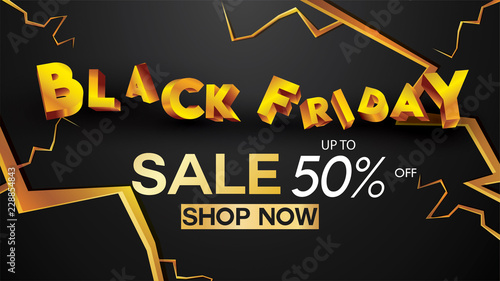 Black friday sale banner layout design background black and gold 50% discount offer. For art template design, brochure style, banner, idea, cover, print, flyer, card, ad, sign, poster, badge.