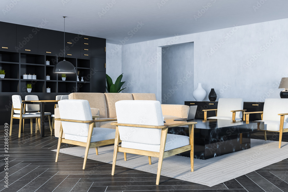 Fototapeta premium White living room, black marble table side view