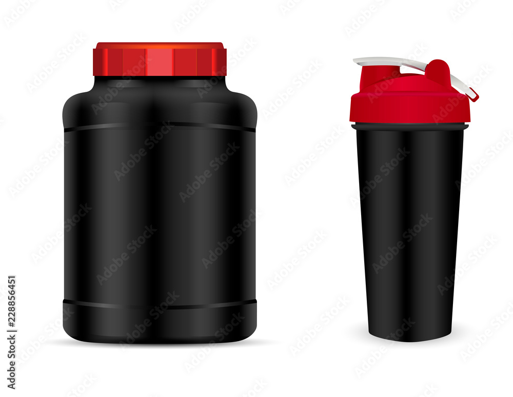 Vector set of sport nutrition container templates with red caps isolated on white background. Realistic black plastic jar, shaker and drink bottles. Vector set of sport nutrition container templates with red caps isolated on white background. Realistic black plastic jar, shaker and drink bottles.