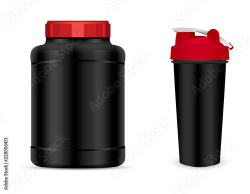 Vector set of sport nutrition container templates with red caps isolated on white background. Realistic black plastic jar, shaker and drink bottles.