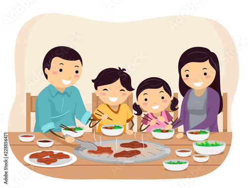Stickman Family Barbecue Restaurant Illustration