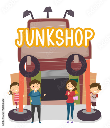 Stickman Family Junk Shop Business Illustration