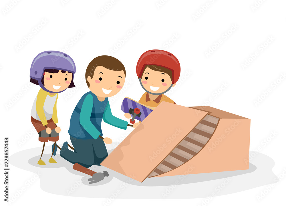Stickman Dad Kids Skateboard Ramp Illustration Stickman Dad Kids Skateboard Ramp Illustration