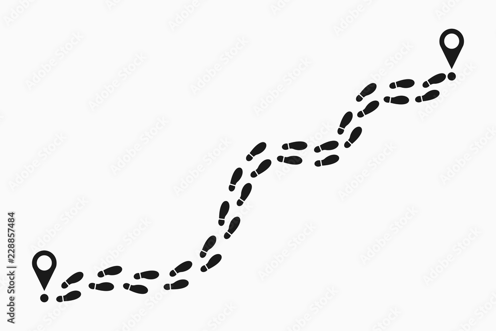 Human footprints tracking path. Shoes trail track with location pin. Footsteps route. Vector illustration. - obrazy, fototapety, plakaty 