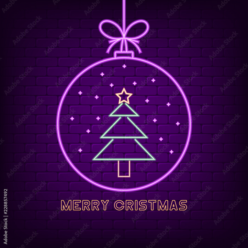 Merry christmas neon sign. New Year holyday bright signboard with Christmas ball and Xmas tree. Vector illustration. Merry christmas neon sign. New Year holyday bright signboard with Christmas ball and Xmas tree. Vector illustration.