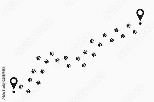 Paw print path. Animal pawprint trail tracking with location pin. Paw steps route. Vector illustration.