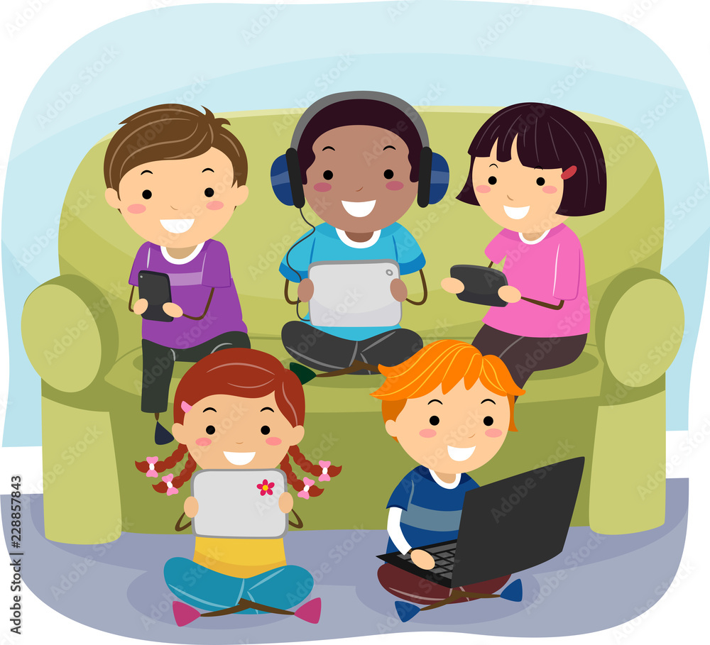 Stickman Kids Gadgets Couch Illustration