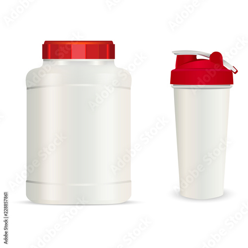 Realistic white plastic jar, shaker and drink bottles. Vector set of sport nutrition container templates with red caps isolated on white background.