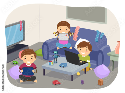 Stickman Kids Gadgets Messy Room Illustration