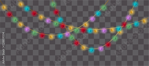 Set of multicolor lamps garlands, festive decorations. Glowing christmas lights isolated on transparent background. Vector. EPS-10