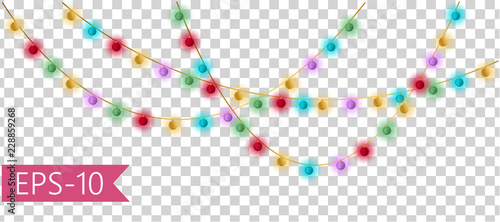 Set of multicolor lamps garlands, festive decorations. Glowing christmas lights isolated on transparent background. Vector. EPS-10