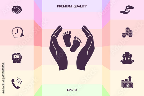 Hands holding baby foot - protection symbol . Graphic elements for your design