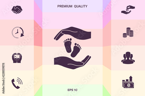 Hands holding baby foot, protection symbol . Graphic elements for your design