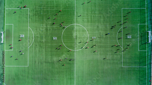 Aerial view of a soccer , football match. Football field and Footballers 
