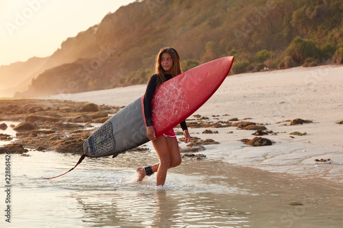 Sporty European woman in wetsuit, carries big surfboard, being fastened with leash to feel safe, looks thoughtfully aside, returns home after active day and hiting waves, cliff in background photo