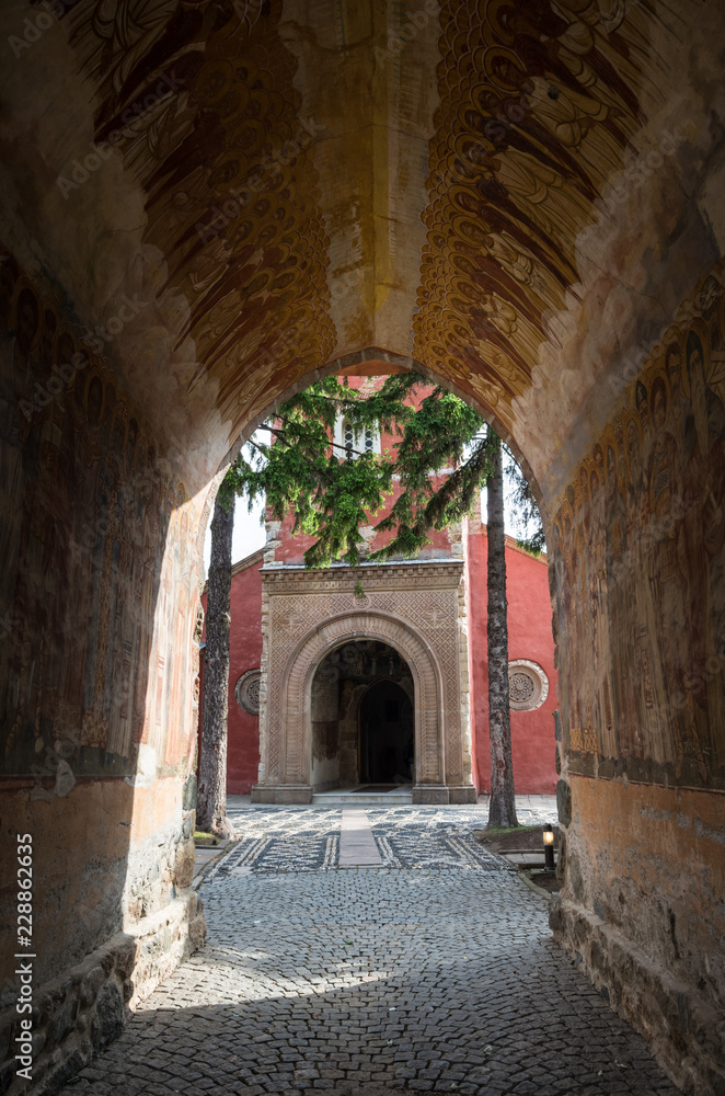 Frescoes inside entrance gate in Serbian Orthodox Monastery Zica, Kraljevo