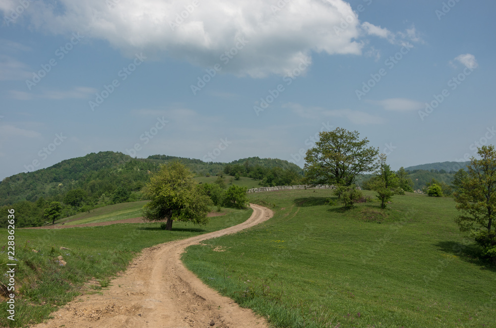 Landscape with hills, meadows and dirt road on Radan mountain massif, near rock formation Djavolja Varos (Devil's town) in the South of Serbia. Landscape with hills, meadows and dirt road on Radan mountain massif, near rock formation Djavolja Varos (Devil's town) in the South of Serbia.