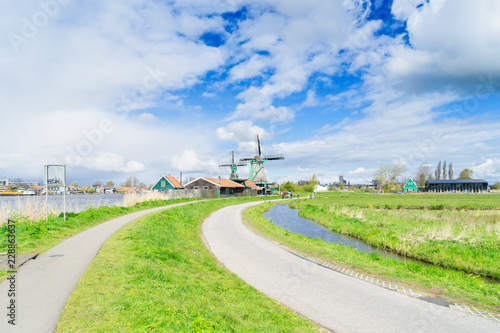 traditional Dutch rural scenery with windmill of Zaanse Schans at spring day  Netherlands