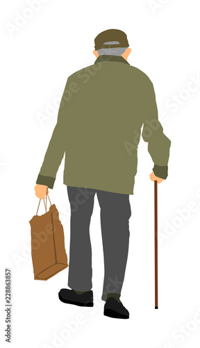 Old man person vector walking with stick, isolated on white background. Healthy senior with shopping bag outdoor activity.