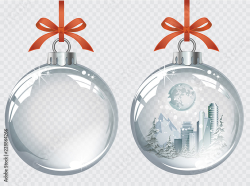 Vector realistic transparent silver Christmas balls with winter city, snow and moon