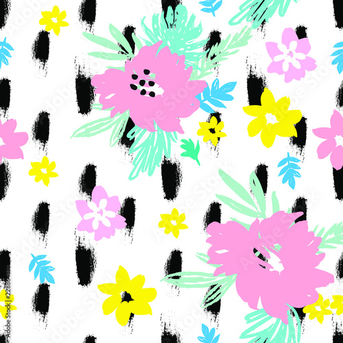 Florals Ornament with Palm Leaves and Flowers on Brush Strokes Background .Illustration for Surface , Invitation , Notebook, Banner , Wrap Paper ,Textiles, Cover, Magazine ,Postcard 