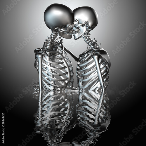 3d illustration of metal skeleton couples kissing in water