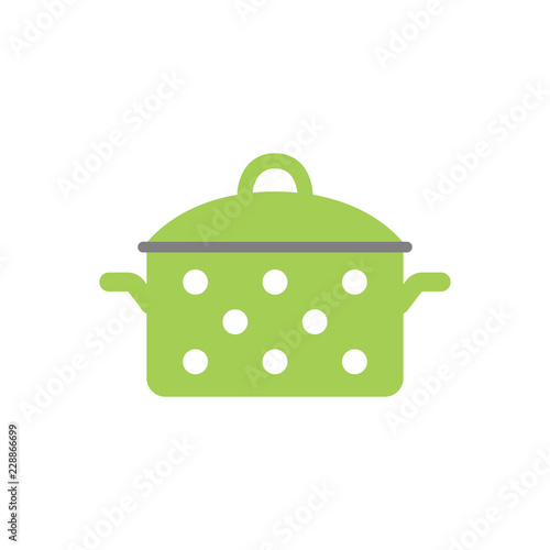 Colorful vector casserole pot cartoon. Green saucepan decorated with white dots. Dotted green pot.