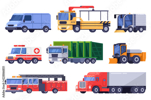 Municipal city road transport and machinery equipment set. Vector flat vehicle illustration.